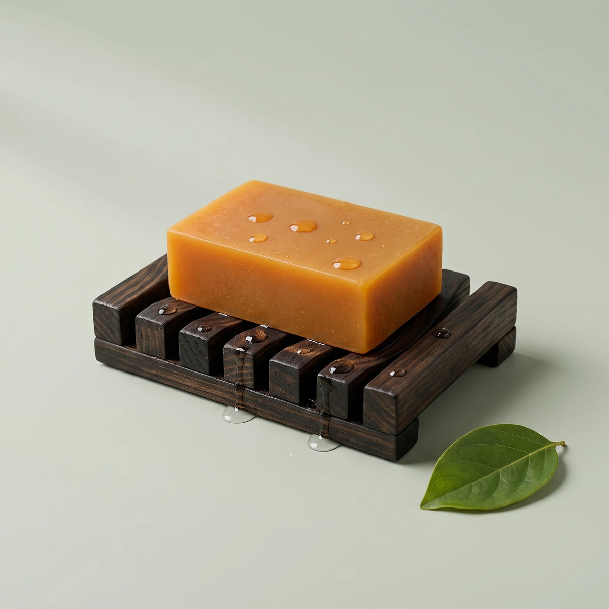 Wooden slatted soap dish with the bar